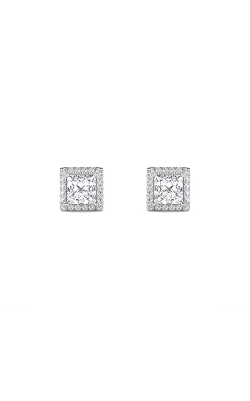 2Cttw Princess Shaped Lab Grown Diamond (F/VS) Halo Stud  Earrings in 14K Gold