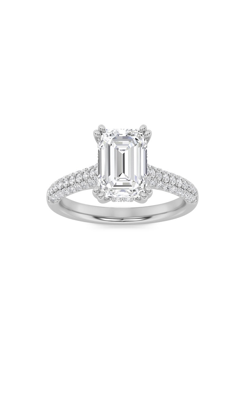 3Cttw Emerald Shaped Lab Grown Diamond (F/VS) Triple Row Accented Engagement Ring in 14K Gold