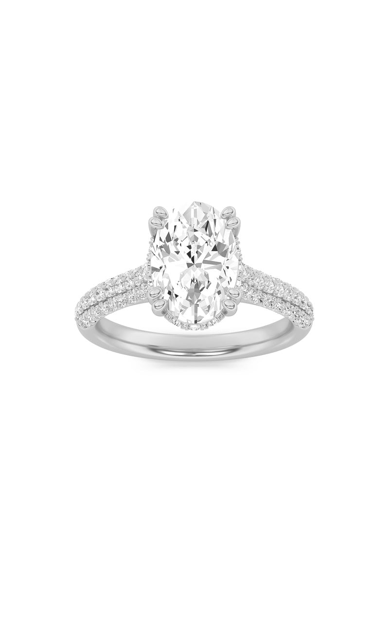 3Cttw Emerald Shaped Lab Grown Diamond (F/VS) Triple Row Accented Engagement Ring in 14K Gold