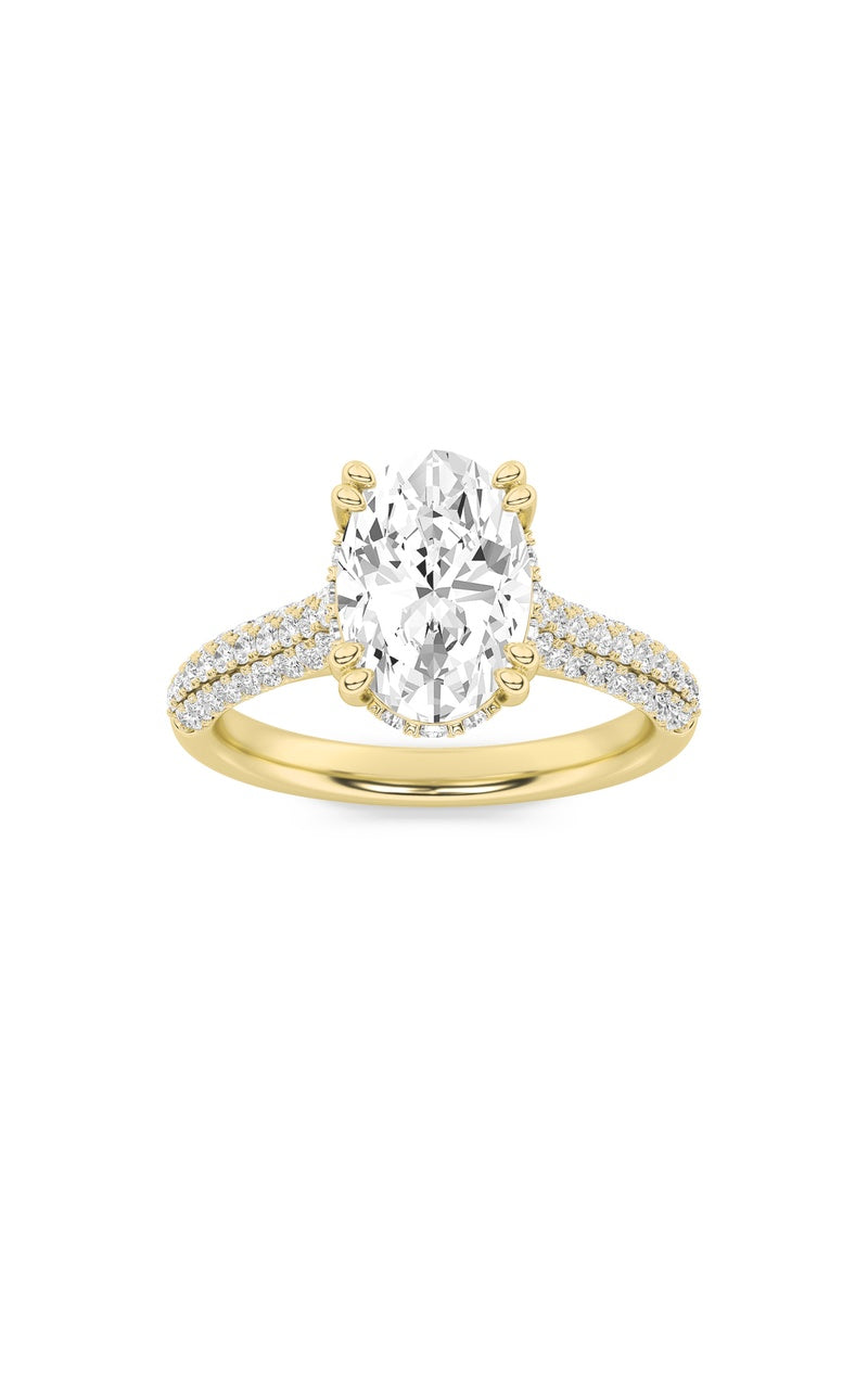 3Cttw Emerald Shaped Lab Grown Diamond (F/VS) Triple Row Accented Engagement Ring in 14K Gold