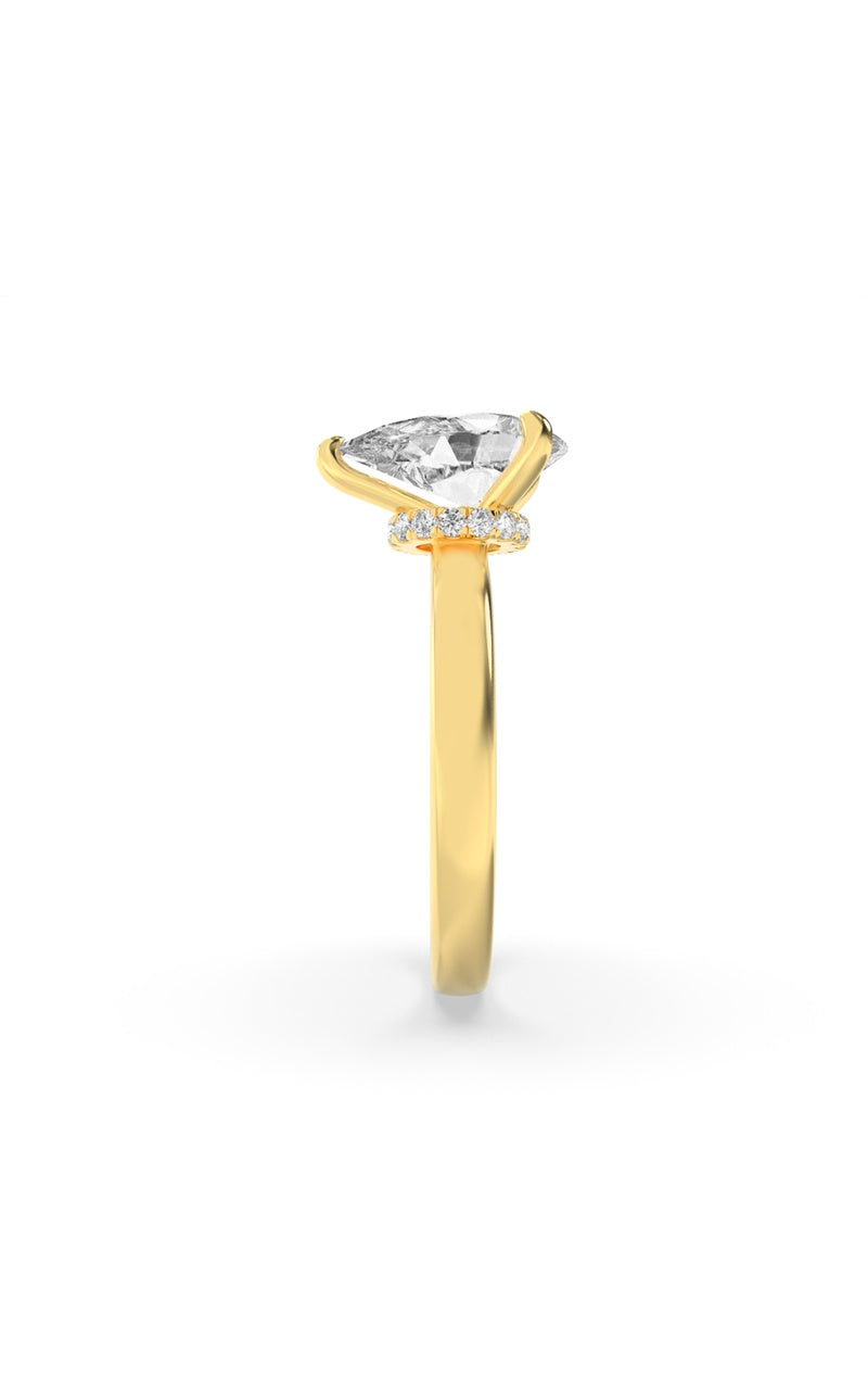 3Cttw Pear Shaped Lab Grown Diamond (F/VS) Hidden Halo Plain Shank Engagement Ring in 14K Gold