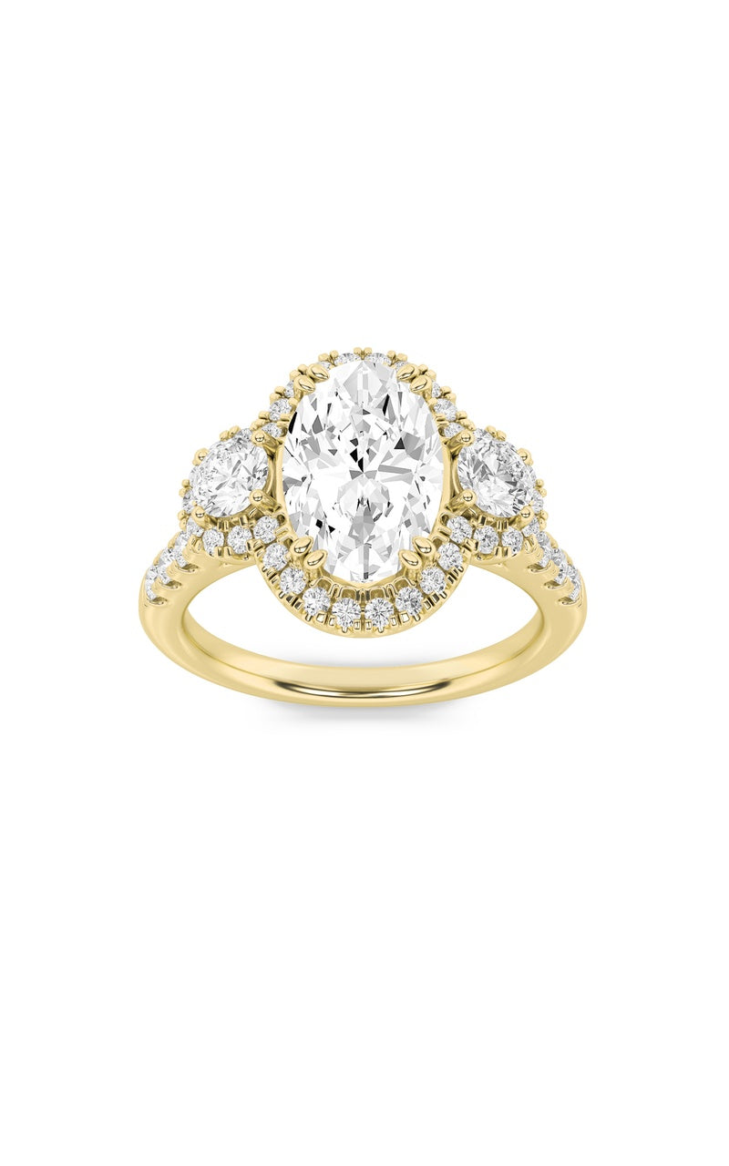 3Cttw Oval Shaped Lab Grown Diamond (F/VS) Three Stone Accented Ring in 14K Gold