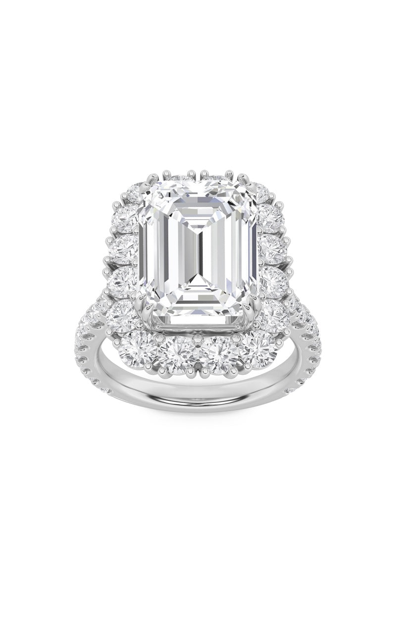 7.25Cttw Emerald Shaped Lab Grown Diamond (F/VS) Bold Statement Accented  Ring in 14K Gold