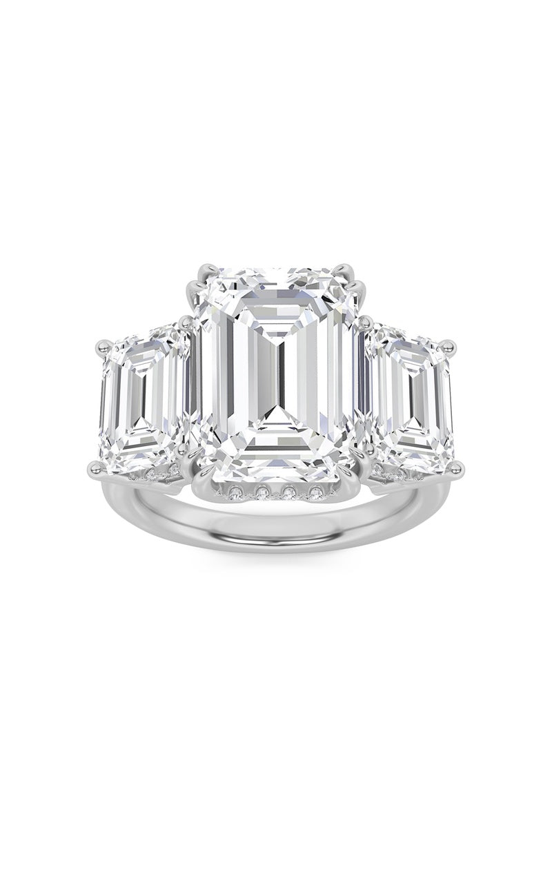 8.25Cttw Emerald Shaped Lab Grown Diamond (F/VS) Bold Three Stone Accented Ring in 14K Gold