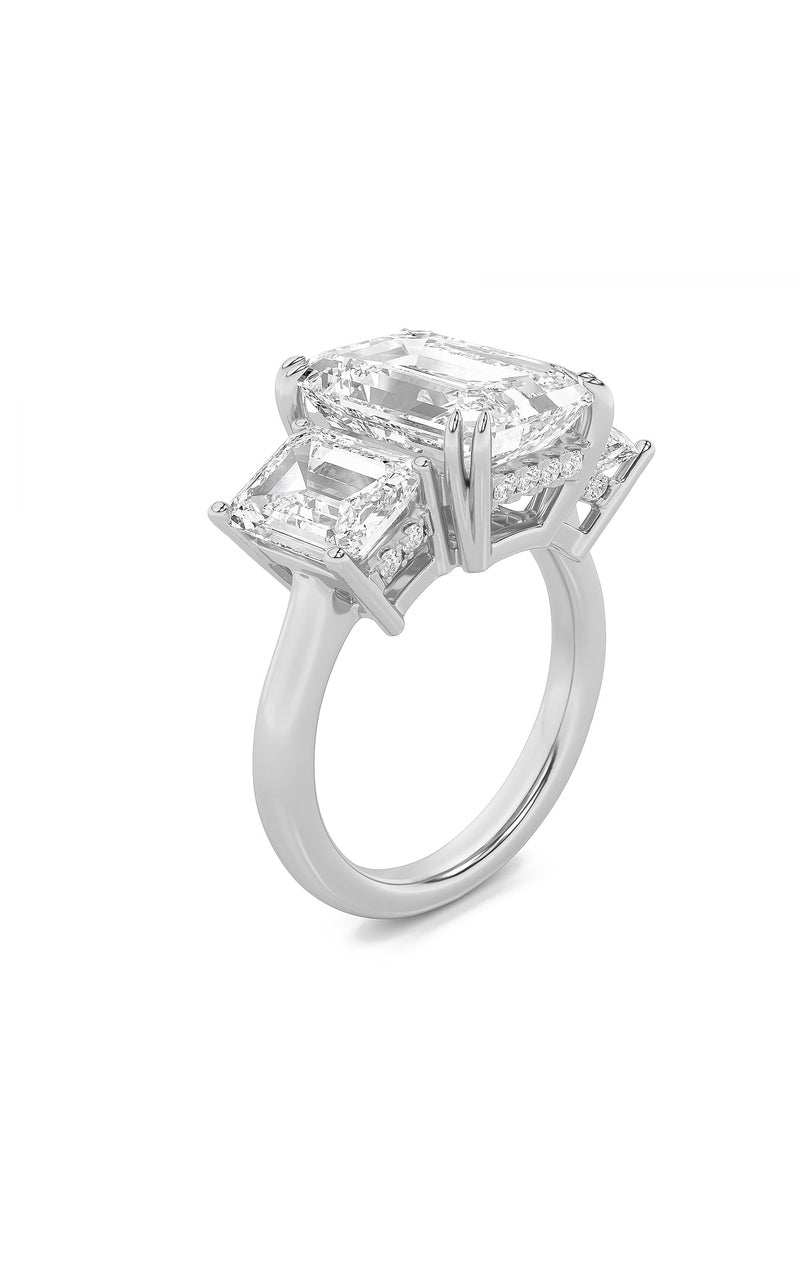 8.25Cttw Emerald Shaped Lab Grown Diamond (F/VS) Bold Three Stone Accented Ring in 14K Gold
