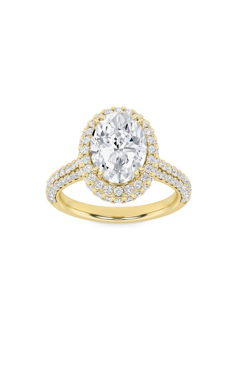 3Cttw Emerald Shaped Lab Grown Diamond (F/VS) Halo Accented Engagement Ring in 14K Gold