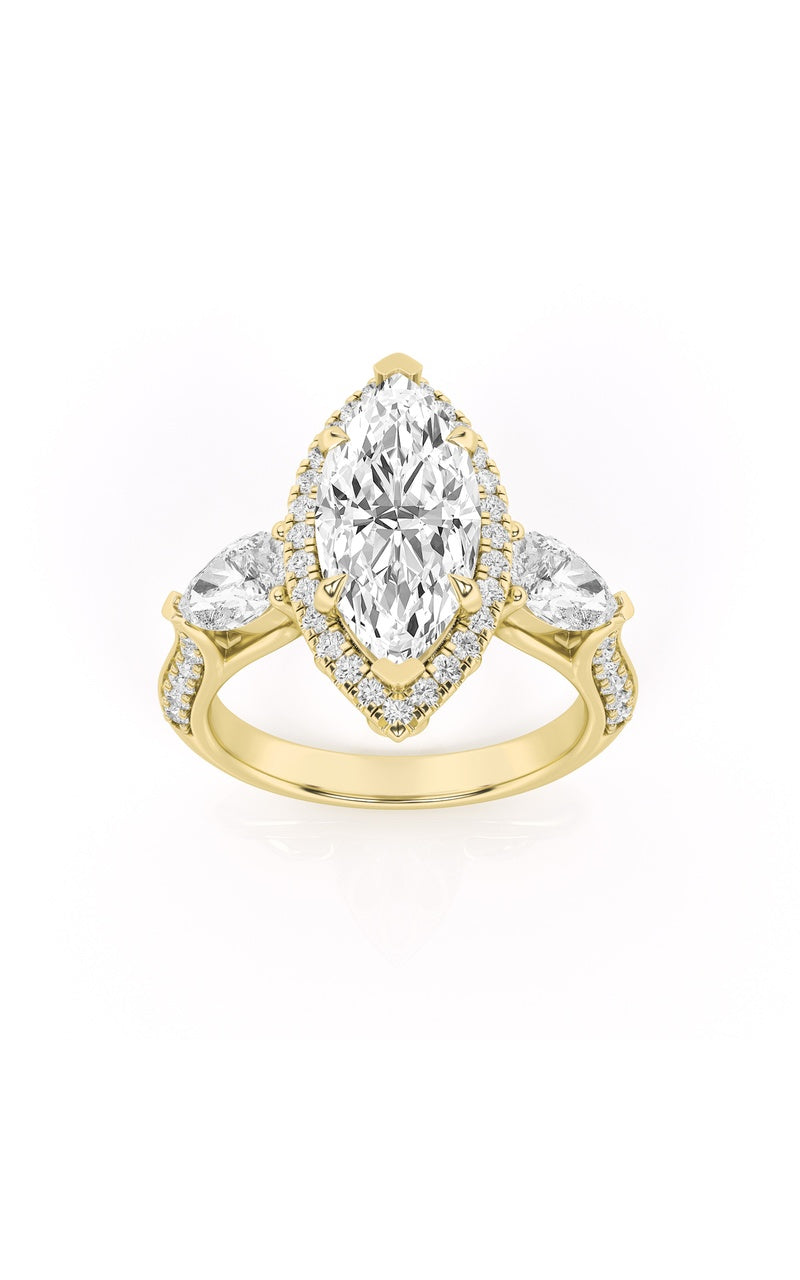 3Cttw Marquise Shaped Lab Grown Diamond (F/VS) Three Stone Halo Enagement Ring in 14K Gold