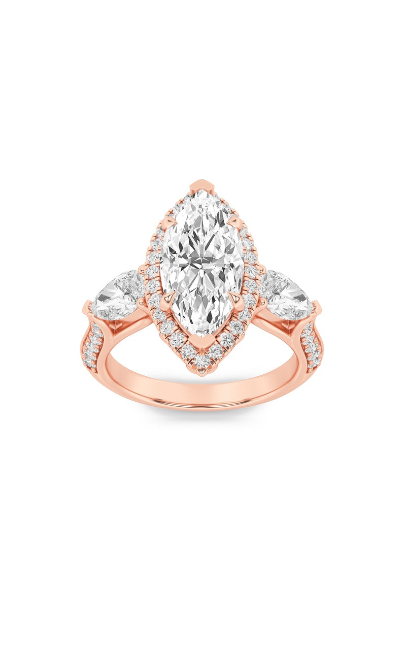 3Cttw Marquise Shaped Lab Grown Diamond (F/VS) Three Stone Halo Enagement Ring in 14K Gold