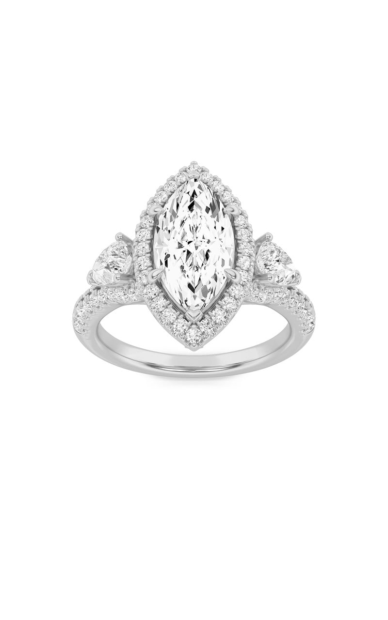 3Cttw Emerald Shaped Lab Grown Diamond (F/VS) Three Stone Bold Accented Engagement Ring in 14K Gold