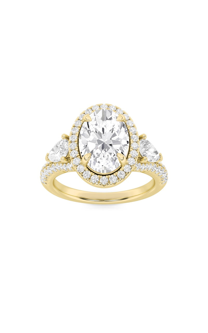 3Cttw Emerald Shaped Lab Grown Diamond (F/VS) Three Stone Bold Accented Engagement Ring in 14K Gold