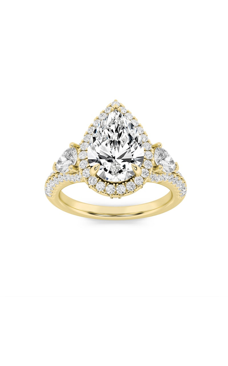 3Cttw Emerald Shaped Lab Grown Diamond (F/VS) Three Stone Bold Accented Engagement Ring in 14K Gold