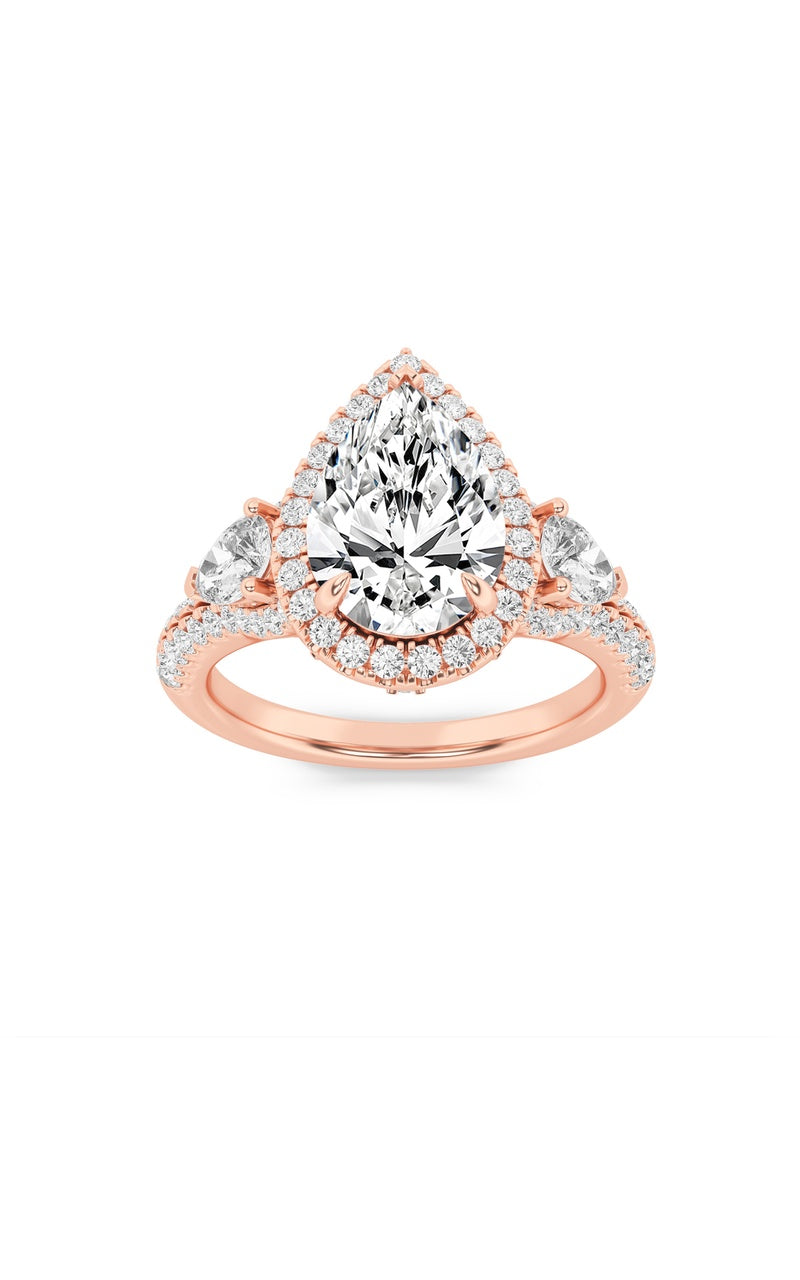 3Cttw Emerald Shaped Lab Grown Diamond (F/VS) Three Stone Bold Accented Engagement Ring in 14K Gold