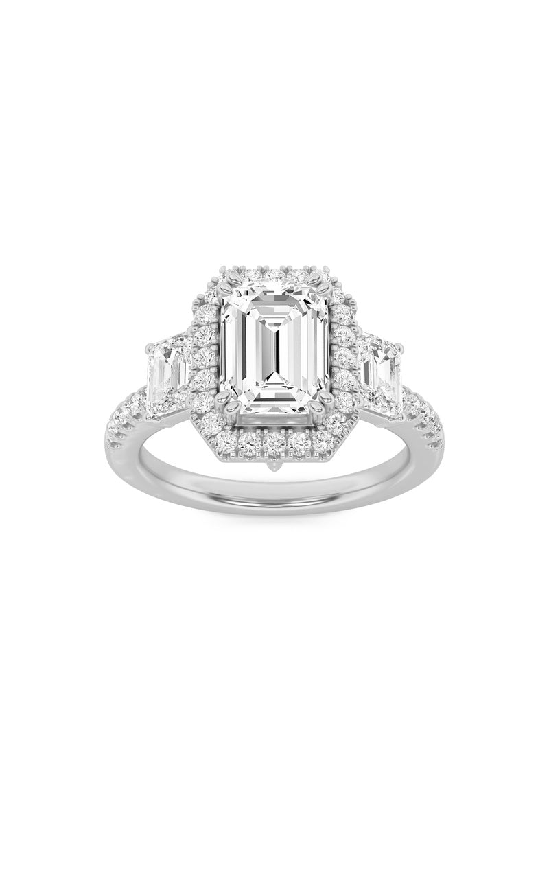 3Cttw Emerald Shaped Lab Grown Diamond (F/VS) Three Stone Accented Engagement Ring in 14K Gold