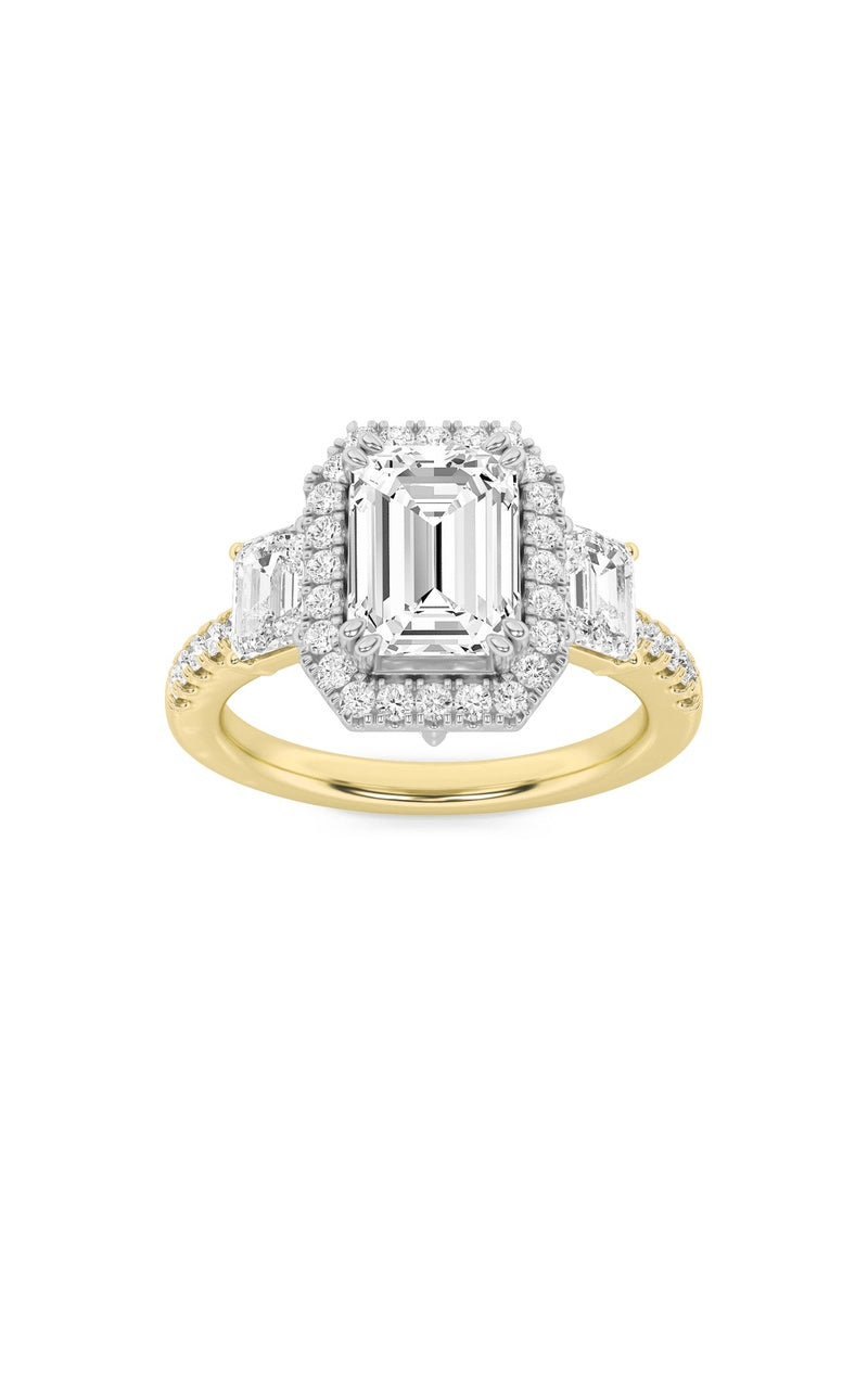 3Cttw Emerald Shaped Lab Grown Diamond (F/VS) Three Stone Accented Engagement Ring in 14K Gold