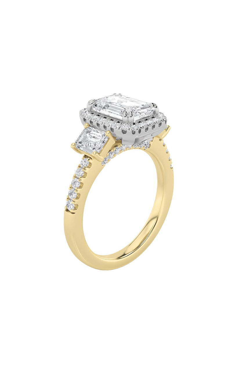 3Cttw Emerald Shaped Lab Grown Diamond (F/VS) Three Stone Accented Engagement Ring in 14K Gold