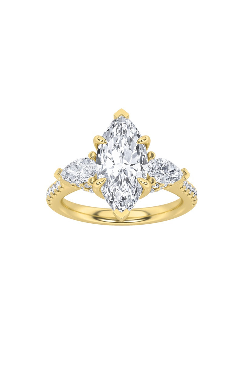 3Cttw Marquise Shaped Lab Grown Diamond (F/VS) Three Stone Accented Engagement Ring in 14K Gold