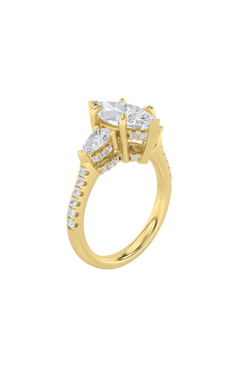 3Cttw Marquise Shaped Lab Grown Diamond (F/VS) Three Stone Accented Engagement Ring in 14K Gold