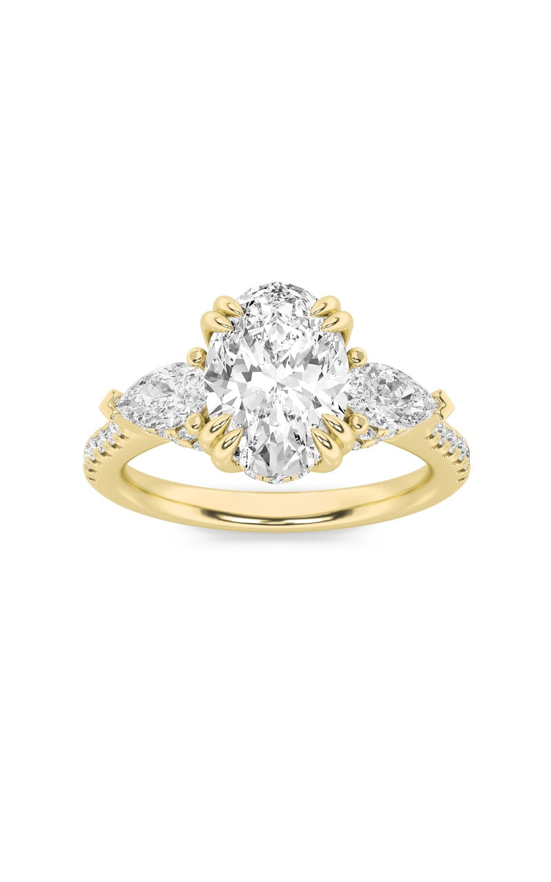 3Cttw Oval Shaped Lab Grown Diamond (F/VS) Three Stone Accented Engagement Ring in 14K Gold