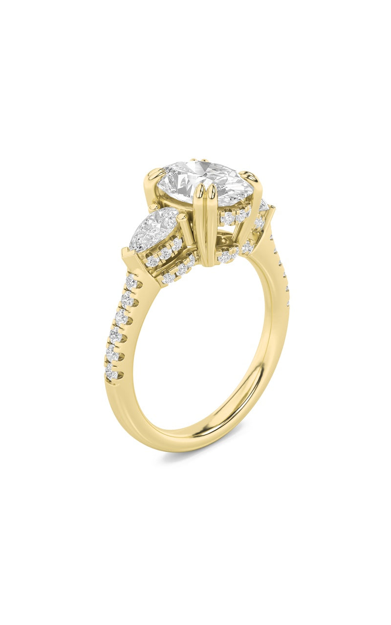 3Cttw Oval Shaped Lab Grown Diamond (F/VS) Three Stone Accented Engagement Ring in 14K Gold