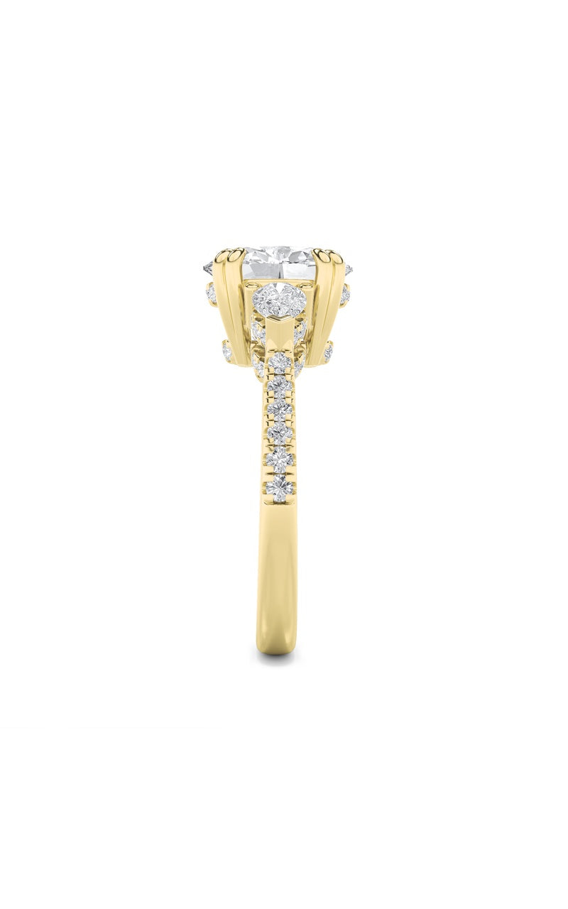 3Cttw Oval Shaped Lab Grown Diamond (F/VS) Three Stone Accented Engagement Ring in 14K Gold