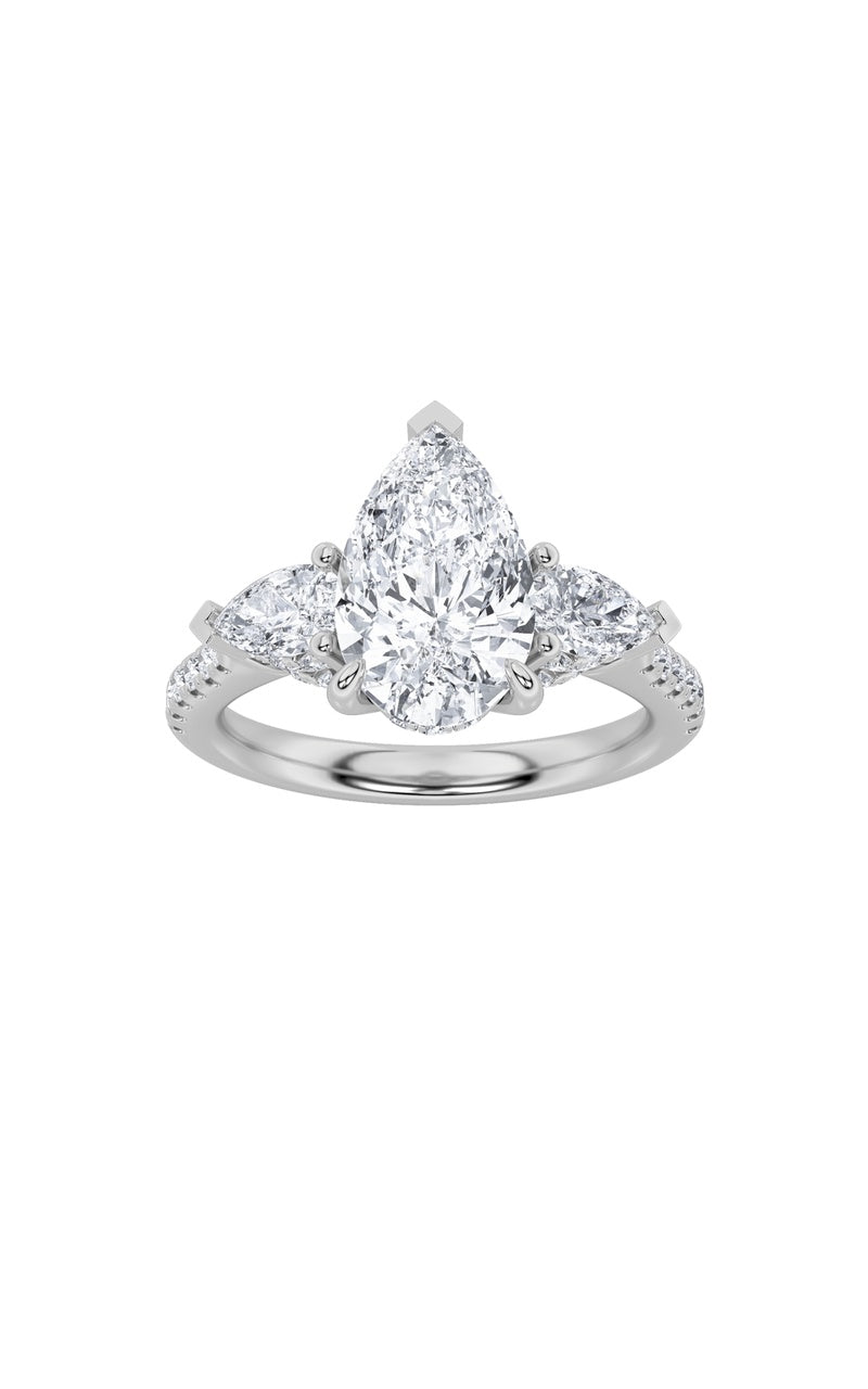3Cttw Pear Shaped Lab Grown Diamond (F/VS) Three Stone Accented Engagement Ring in 14K Gold
