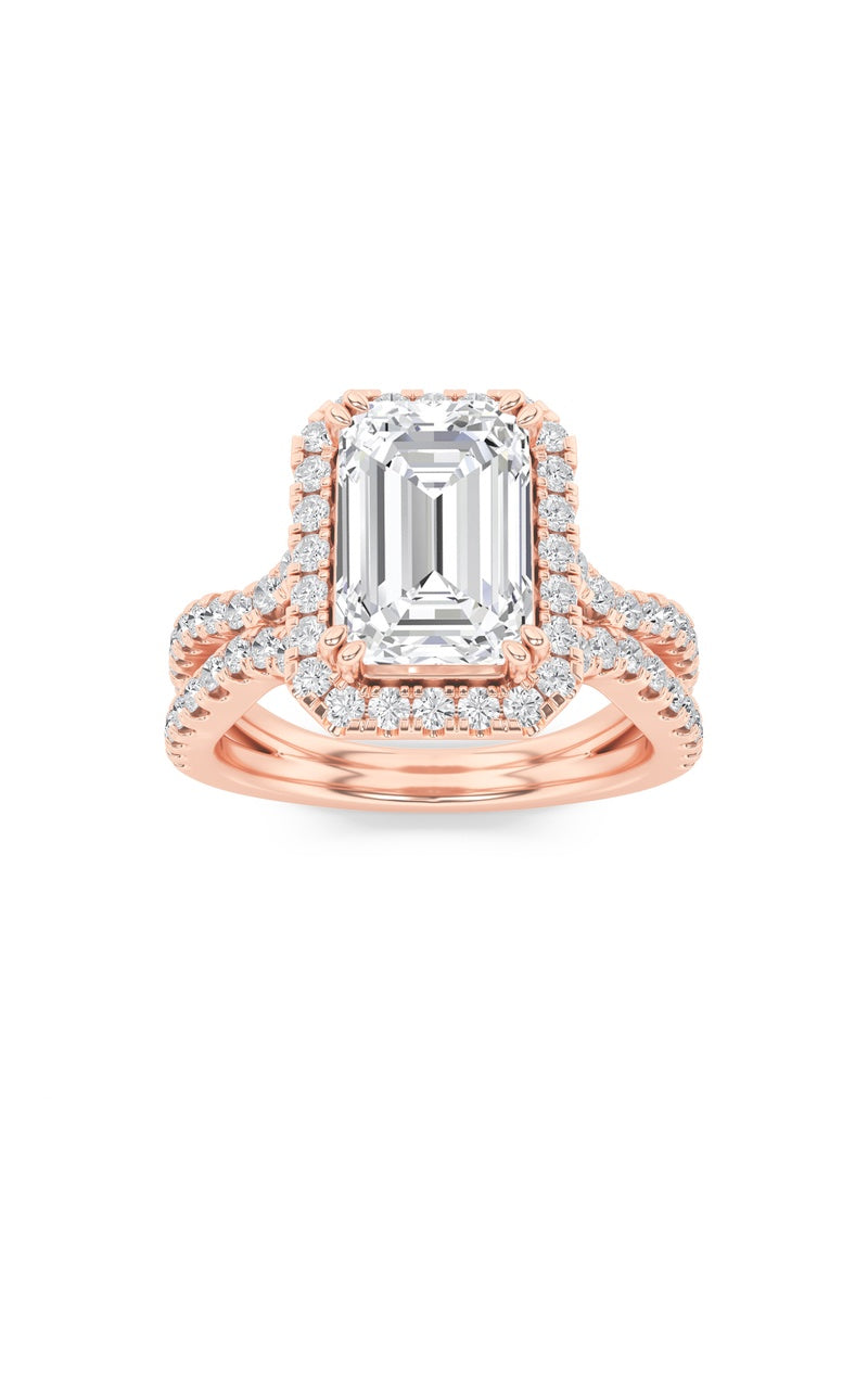 4Cttw Emerald Shaped Lab Grown Diamond (F/VS) Split Shank Halo Engagement Ring in 14K Gold