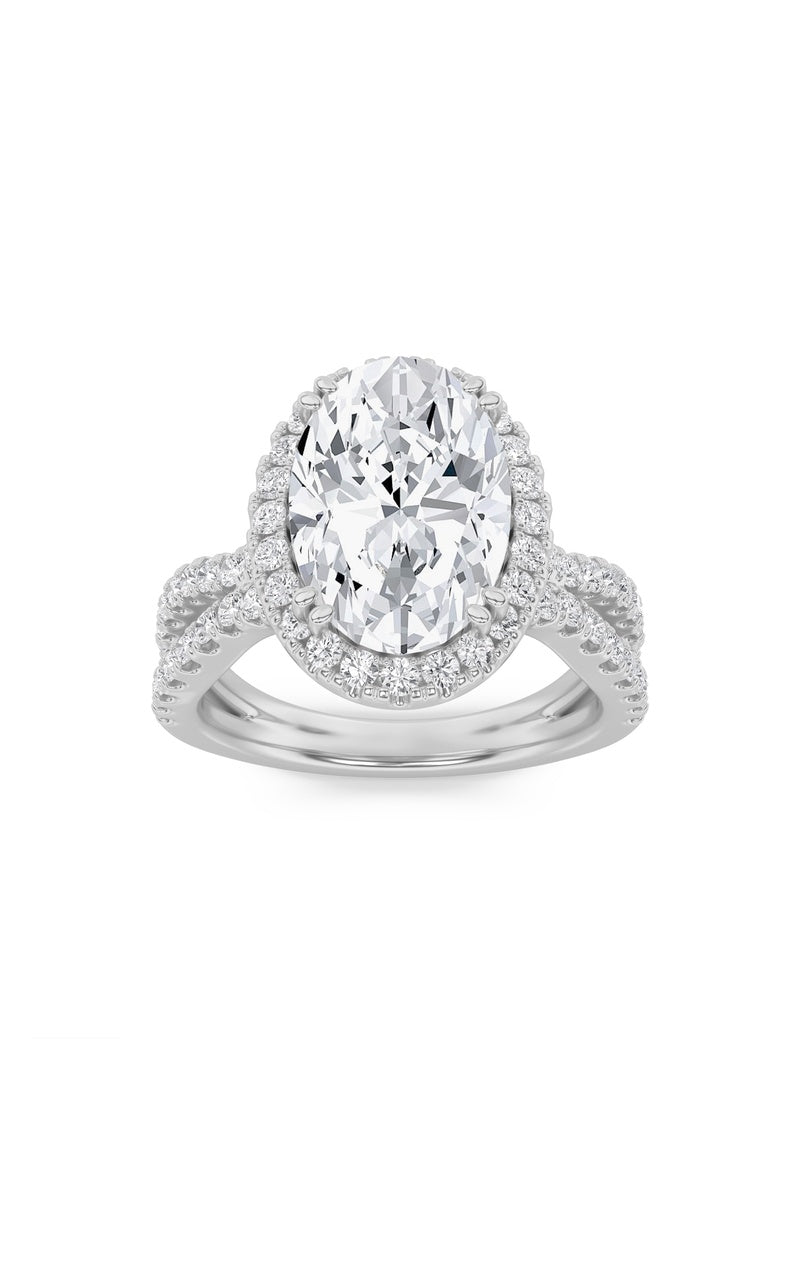 4Cttw Emerald Shaped Lab Grown Diamond (F/VS) Split Shank Halo Engagement Ring in 14K Gold