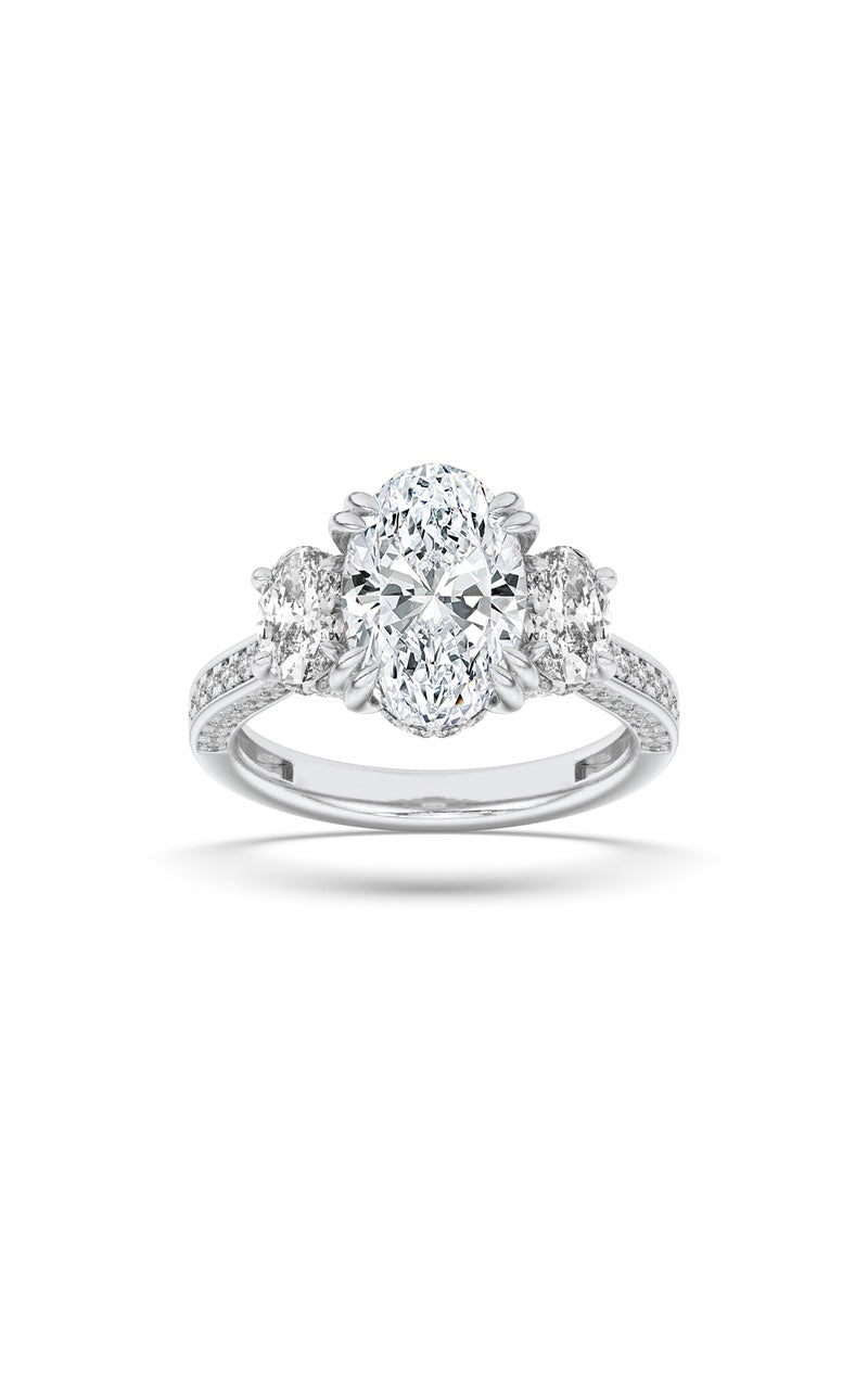 5Cttw Oval Shaped Lab Grown Diamond (F/VS) Three Stone Accented Engagement Ring in 14K Gold