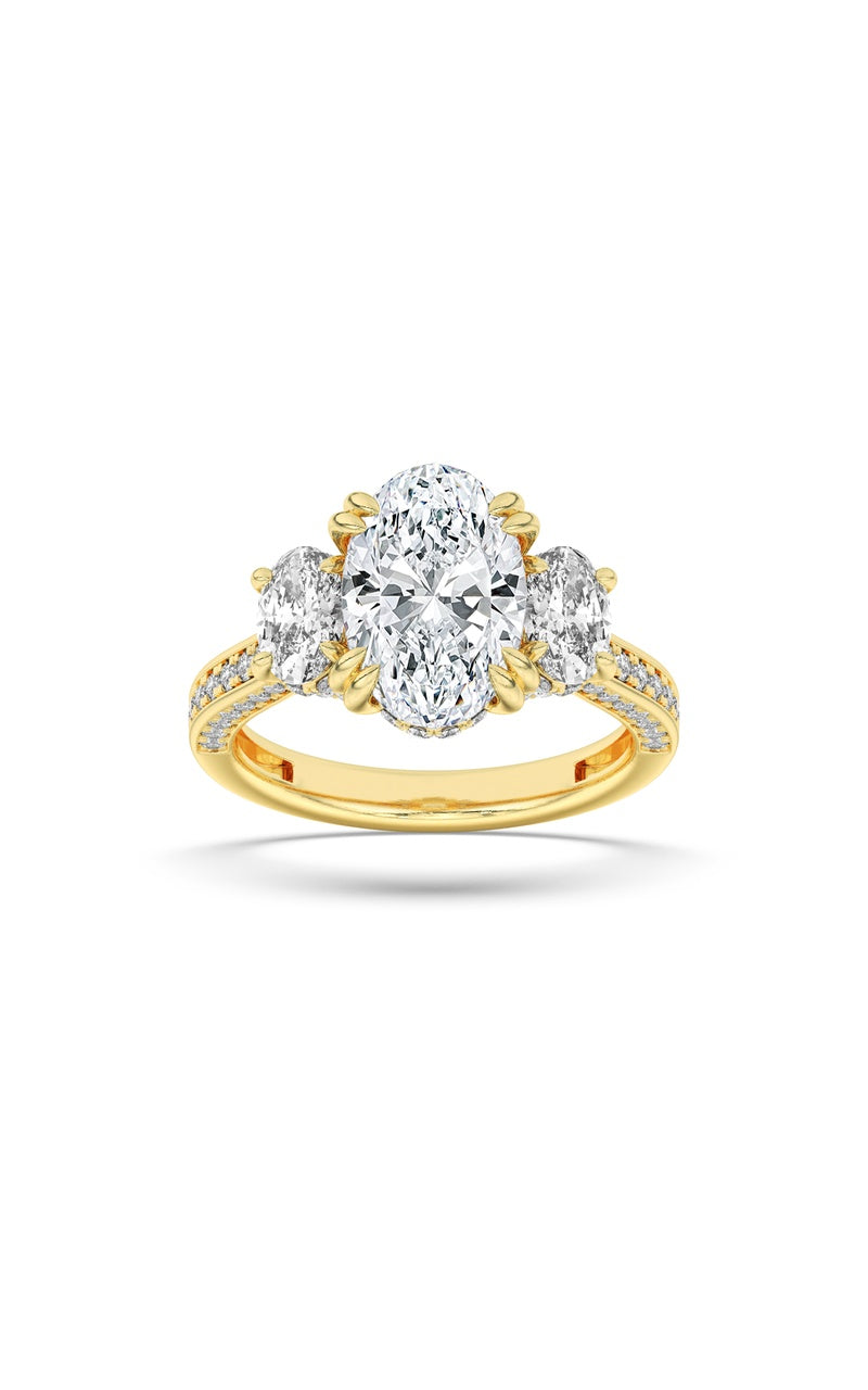 5Cttw Oval Shaped Lab Grown Diamond (F/VS) Three Stone Accented Engagement Ring in 14K Gold