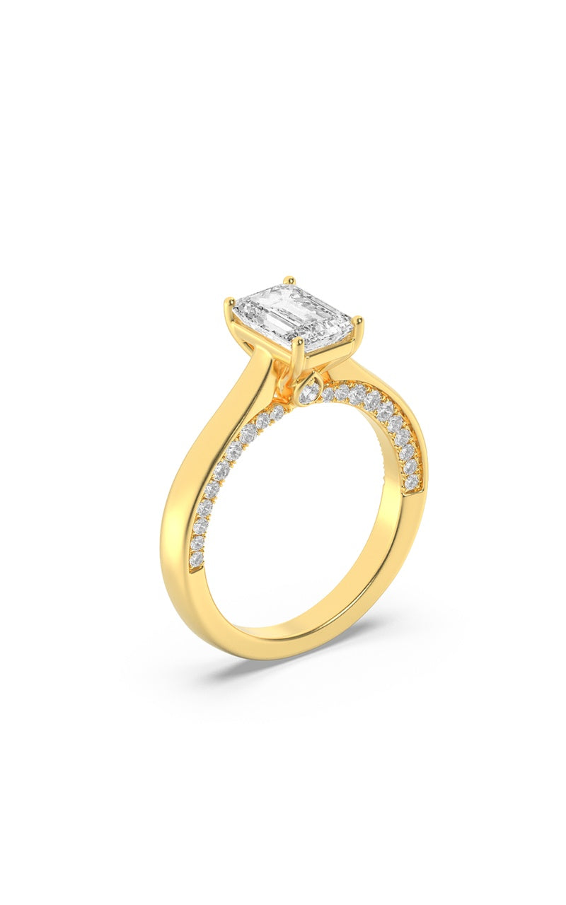 2Cttw Emerald Shaped Lab Grown Diamond (F/VS) Accented Bridge Shank Engagement Ring in 14K Gold