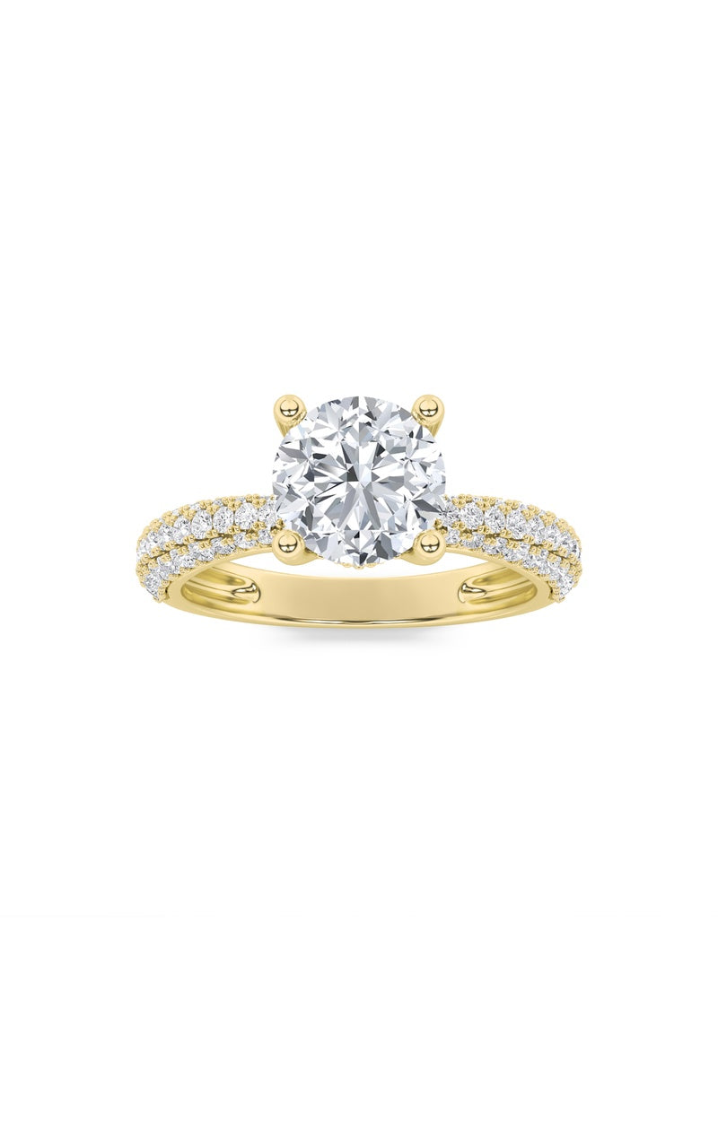 2Cttw Round Shaped Lab Grown Diamond (F/VS) Three Row Micro Pave Engagement Ring in 14K Gold