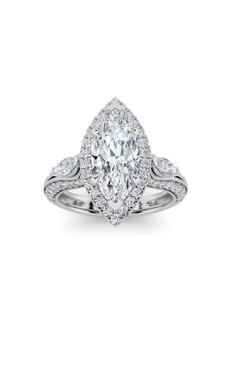 3Cttw Marquise Shaped Lab Grown Diamond (F/VS) Three Stone Halo Enagement Ring in 14K Gold
