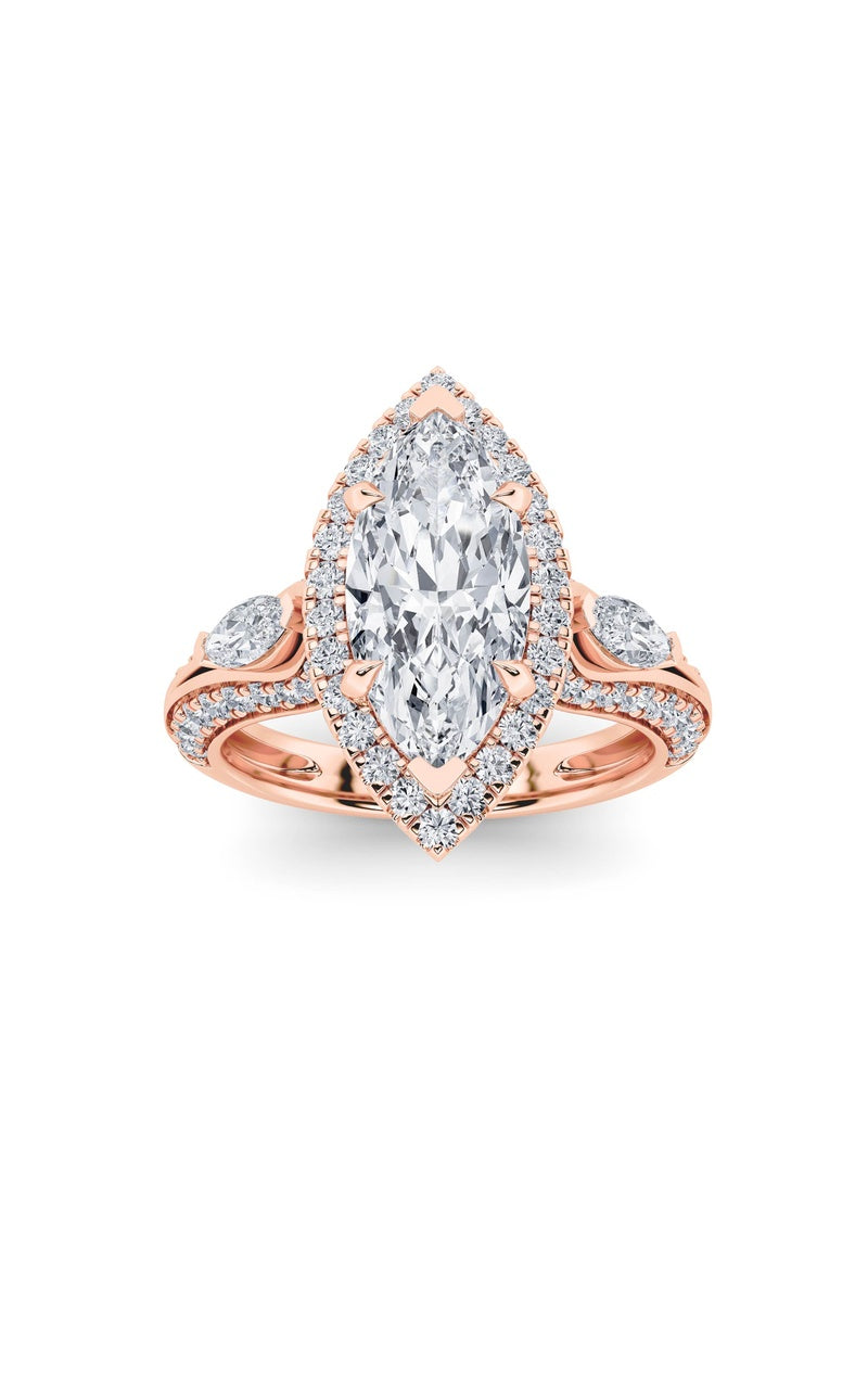 3Cttw Marquise Shaped Lab Grown Diamond (F/VS) Three Stone Halo Enagement Ring in 14K Gold