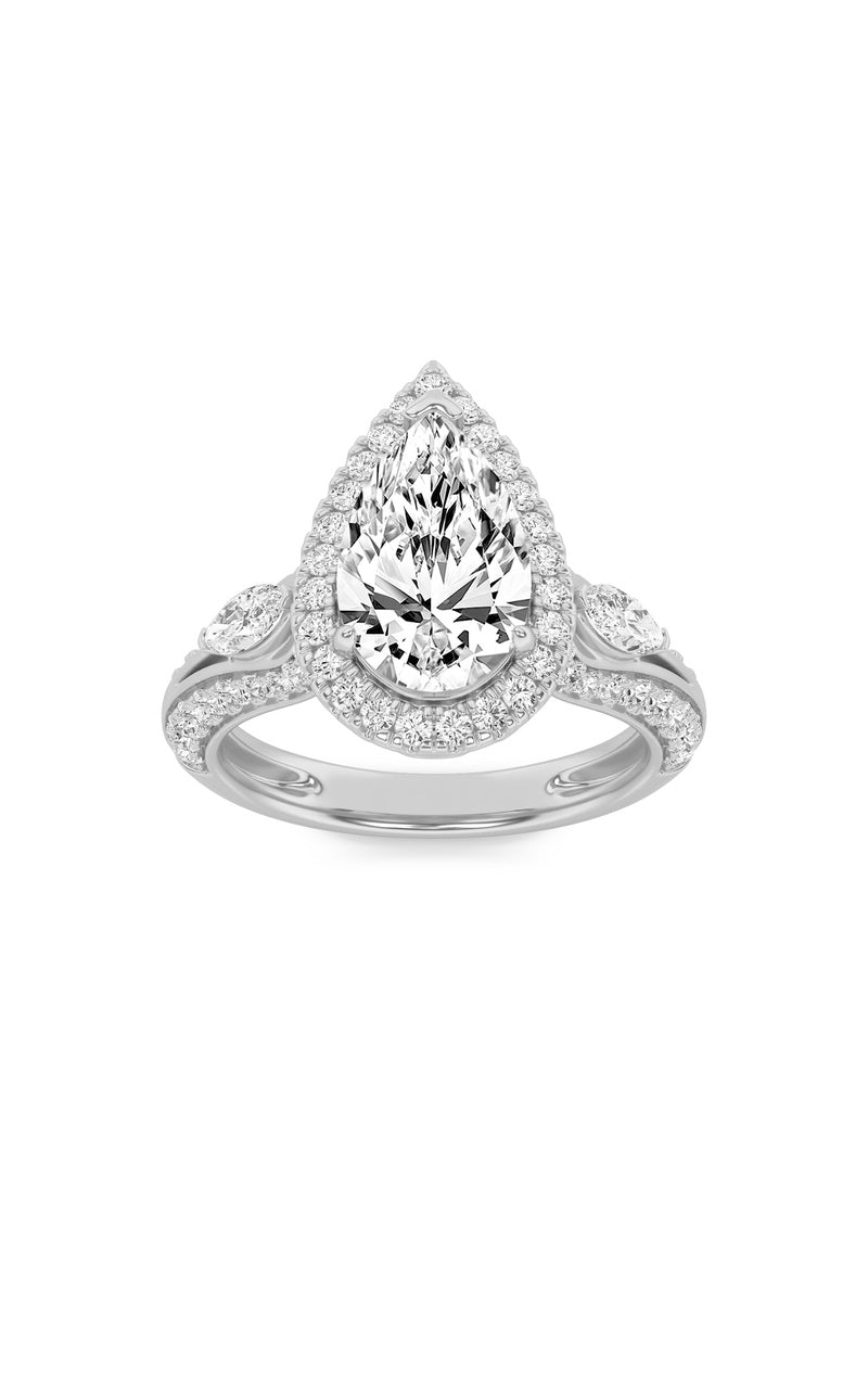 3Cttw Marquise Shaped Lab Grown Diamond (F/VS) Three Stone Halo Enagement Ring in 14K Gold