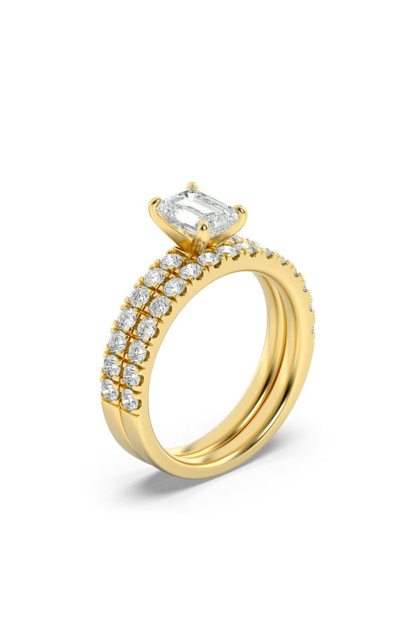 2Cttw Emerald Shaped Lab Grown Diamond (F/VS) Classic Accented  Set With Band and Engagement Ring in 14K Gold