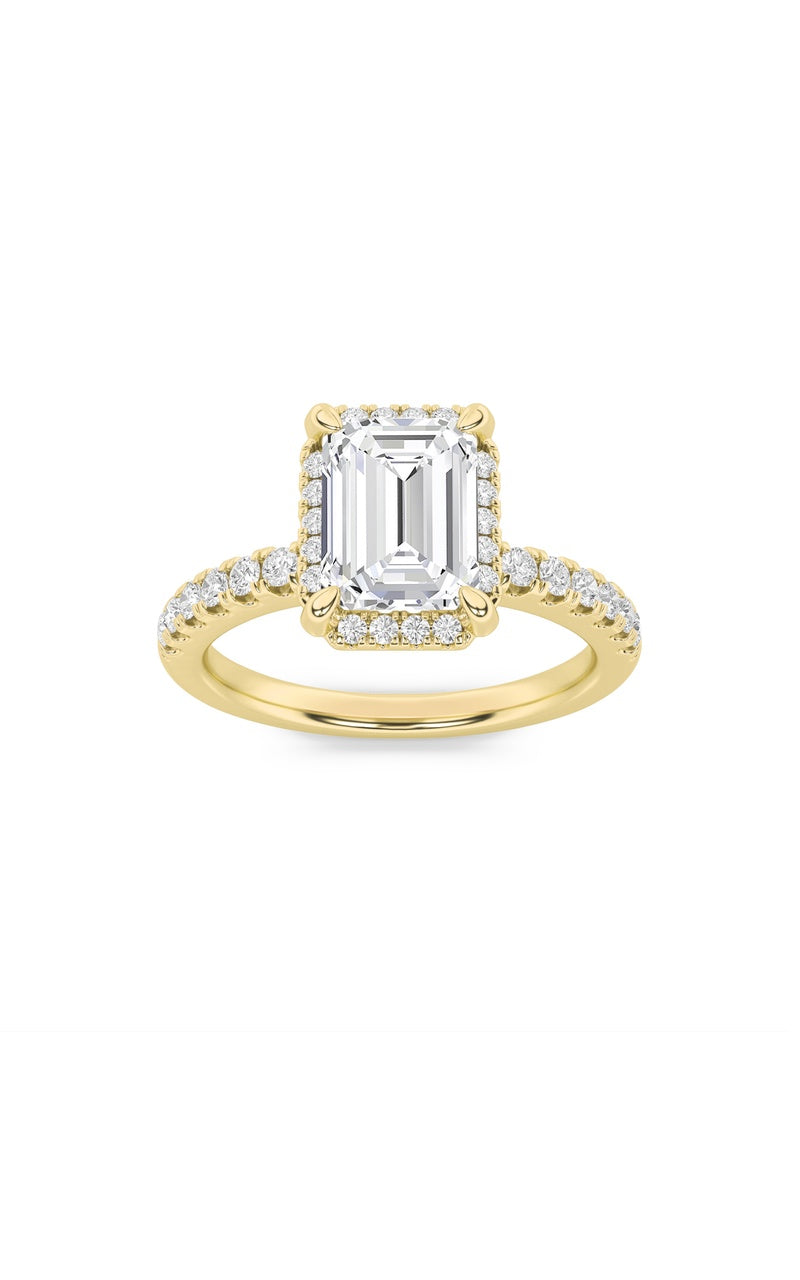 2Cttw Emerald Shaped Lab Grown Diamond (F/VS) Halo Accented Engagement Ring in 14K Gold