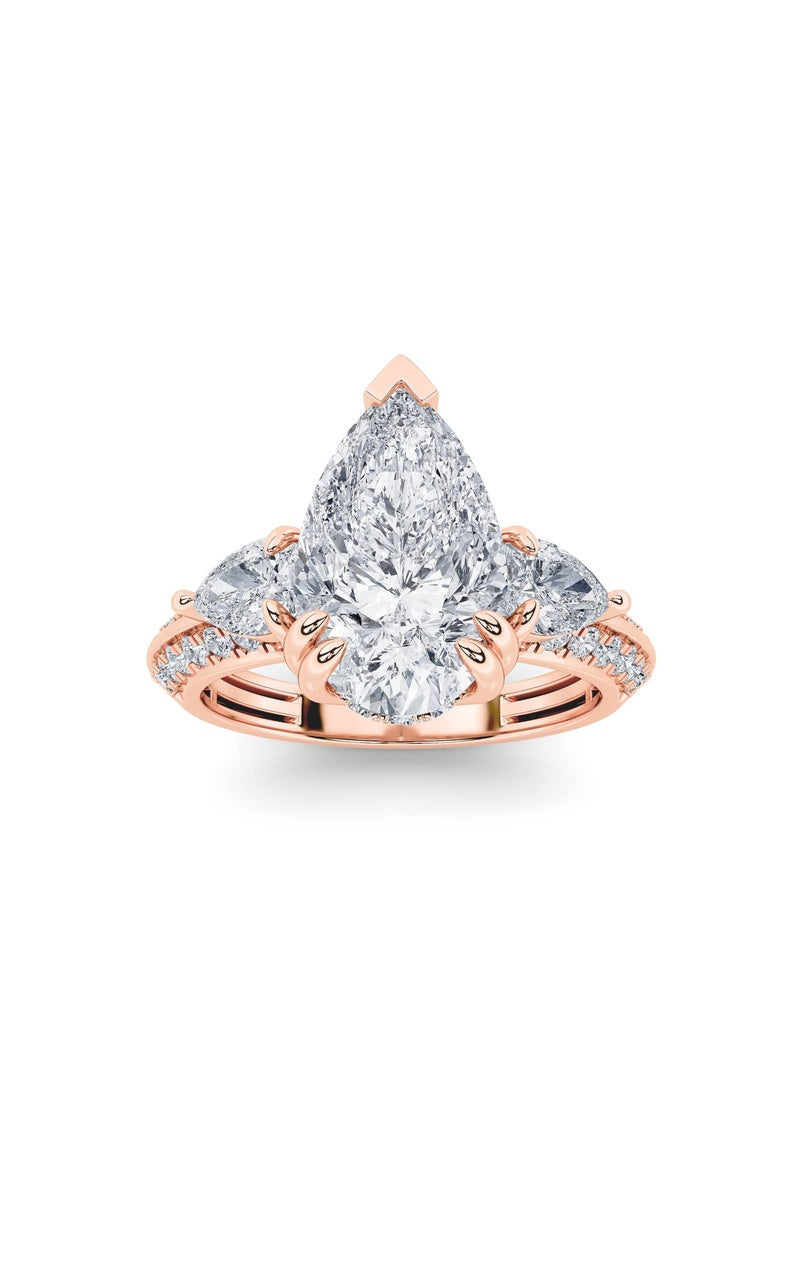 3.5Cttw Pear Shaped Lab Grown Diamond (F/VS) Three Stone Accented Engagement Ring in 14K Gold