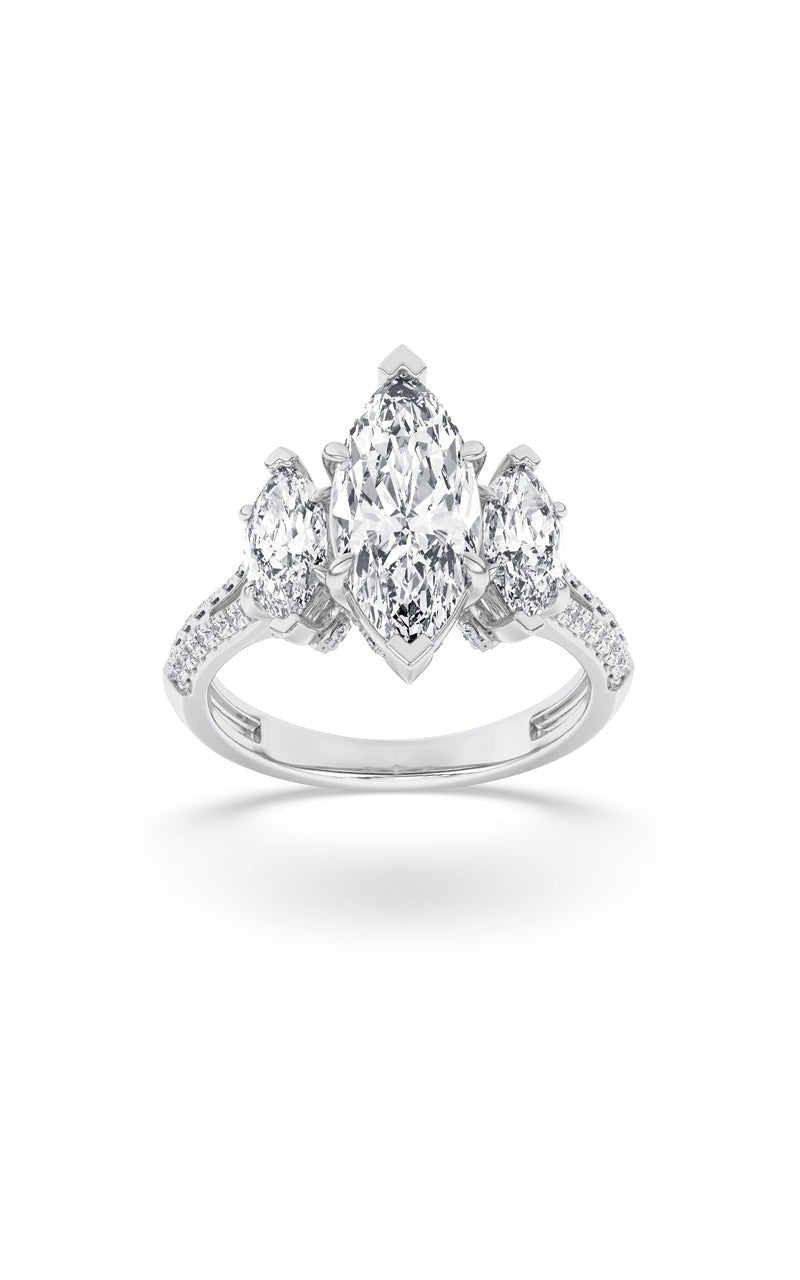 4Cttw Marquise Shaped Lab Grown Diamond (F/VS) Three Stone Accented Engagement Ring in 14K Gold