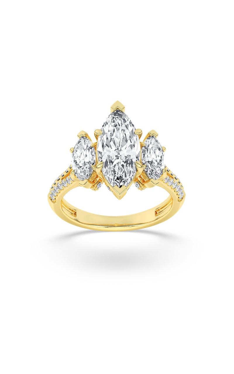 4Cttw Marquise Shaped Lab Grown Diamond (F/VS) Three Stone Accented Engagement Ring in 14K Gold