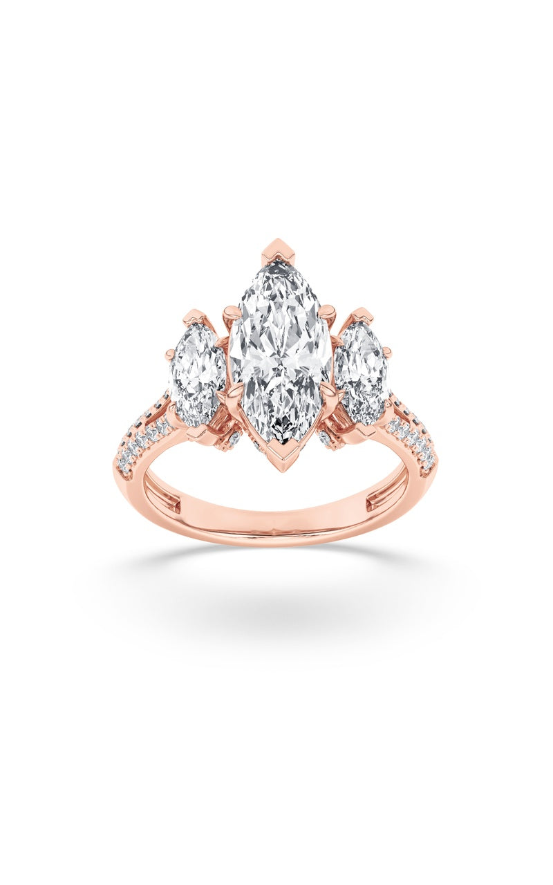 4Cttw Marquise Shaped Lab Grown Diamond (F/VS) Three Stone Accented Engagement Ring in 14K Gold
