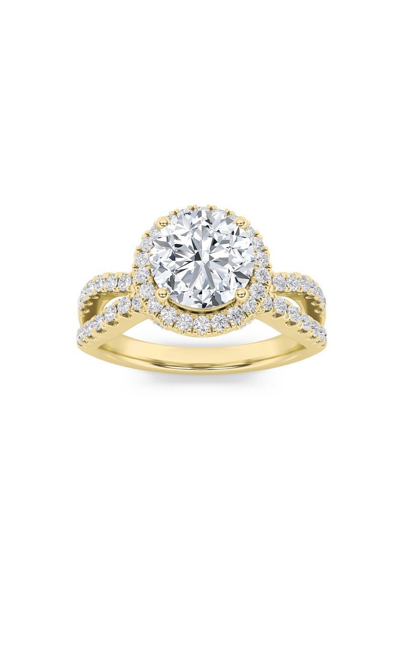 2Cttw Emerald Shaped Lab Grown Diamond (F/VS) Split Shank Halo Accented Engagement Ring in 14K Gold