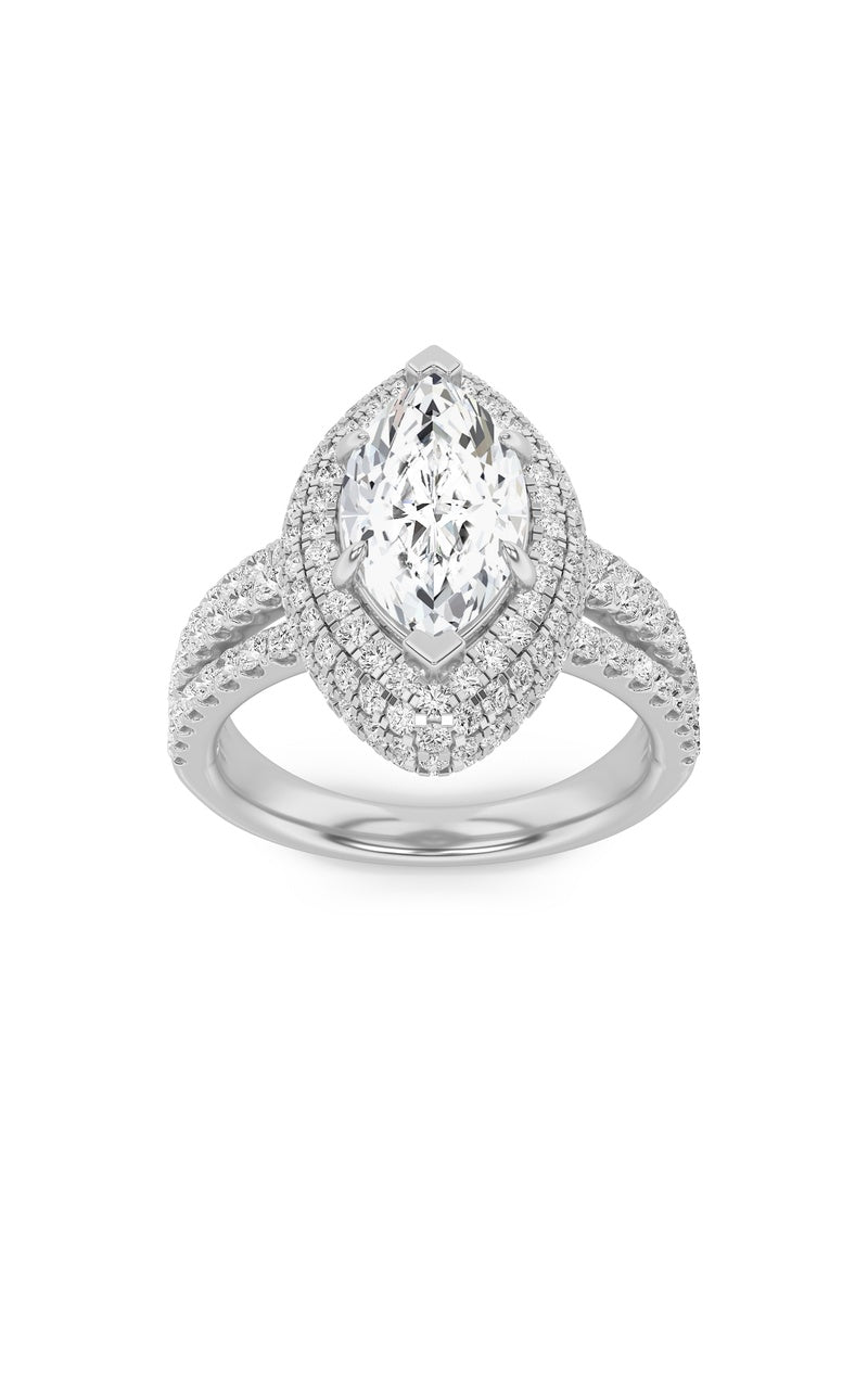 3Cttw Marquise Shaped Lab Grown Diamond (F/VS) Three Row Accented Halo Engagement Ring in 14K Gold