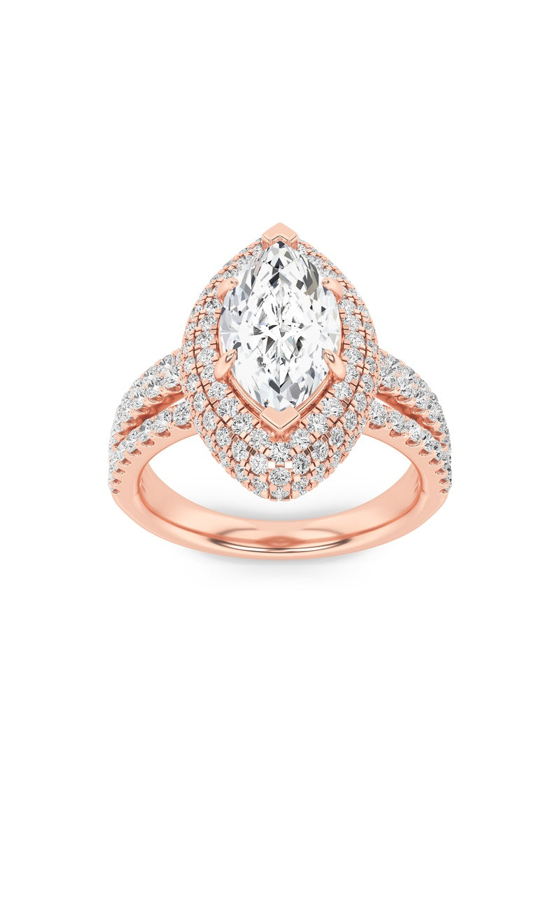 3Cttw Marquise Shaped Lab Grown Diamond (F/VS) Three Row Accented Halo Engagement Ring in 14K Gold