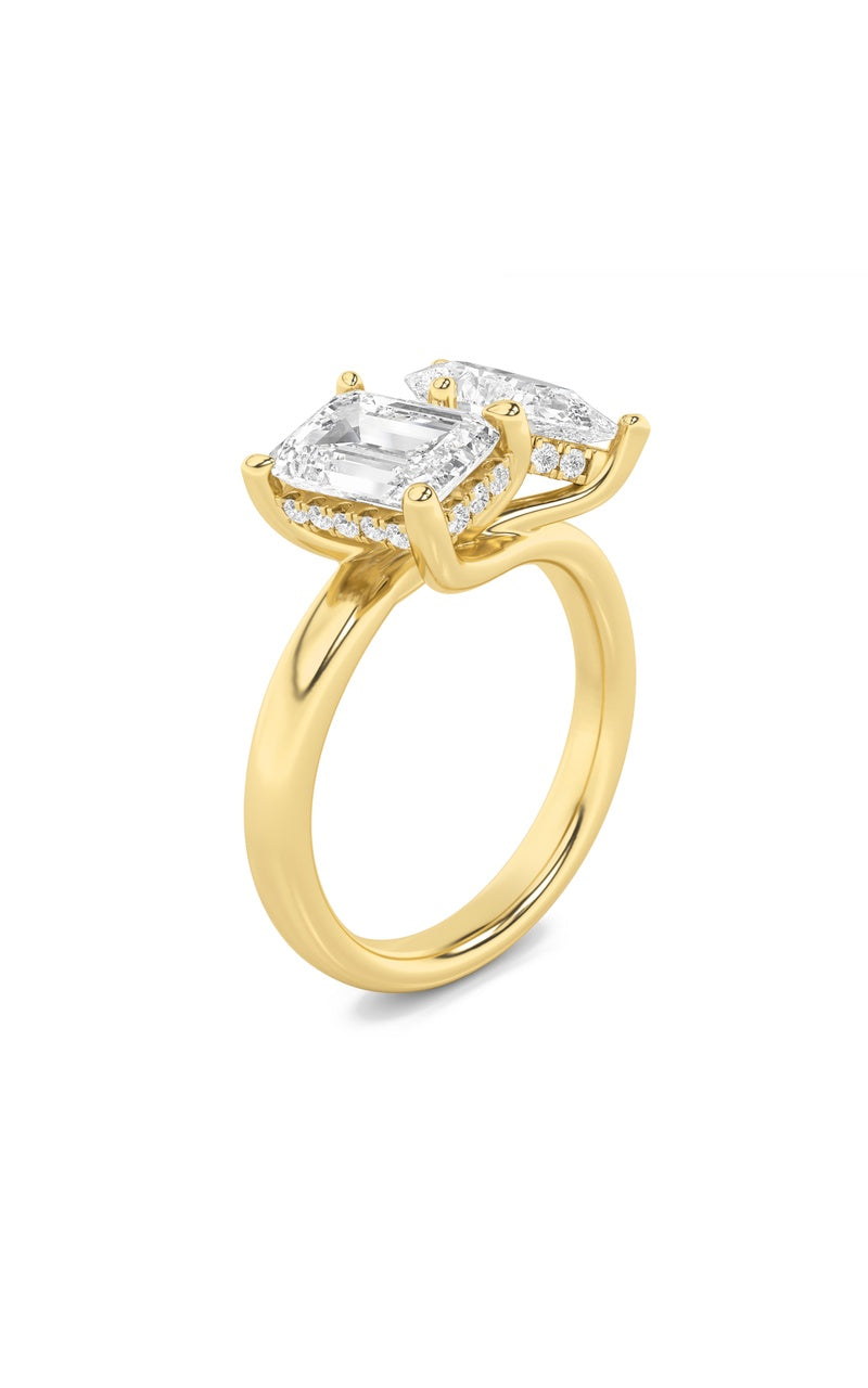 3Cttw Emerald Shaped Lab Grown Diamond (F/VS) Toi et Moi Engagement Ring in 14K Gold