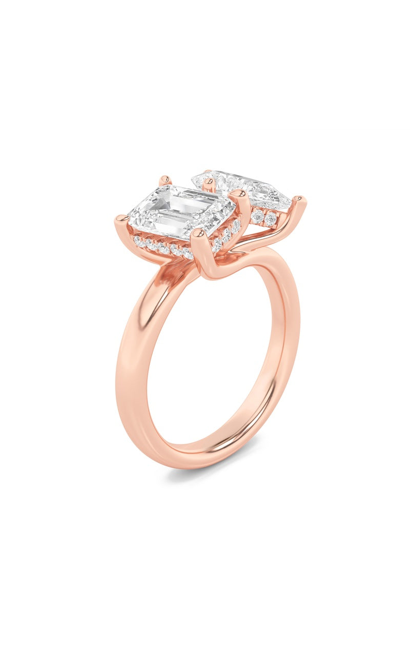 3Cttw Emerald Shaped Lab Grown Diamond (F/VS) Toi et Moi Engagement Ring in 14K Gold