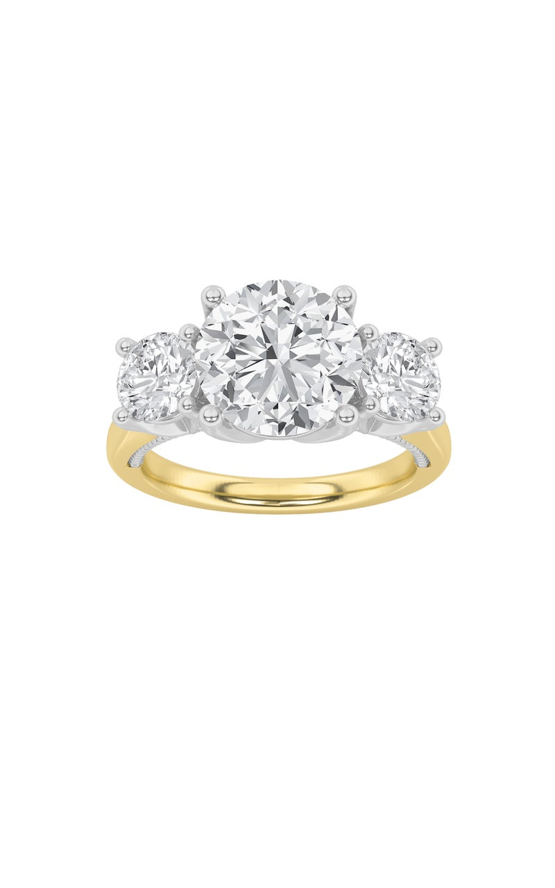 4Cttw Round Shaped Lab Grown Diamond (F/VS) Accented Three Stone Ring in 14K Gold
