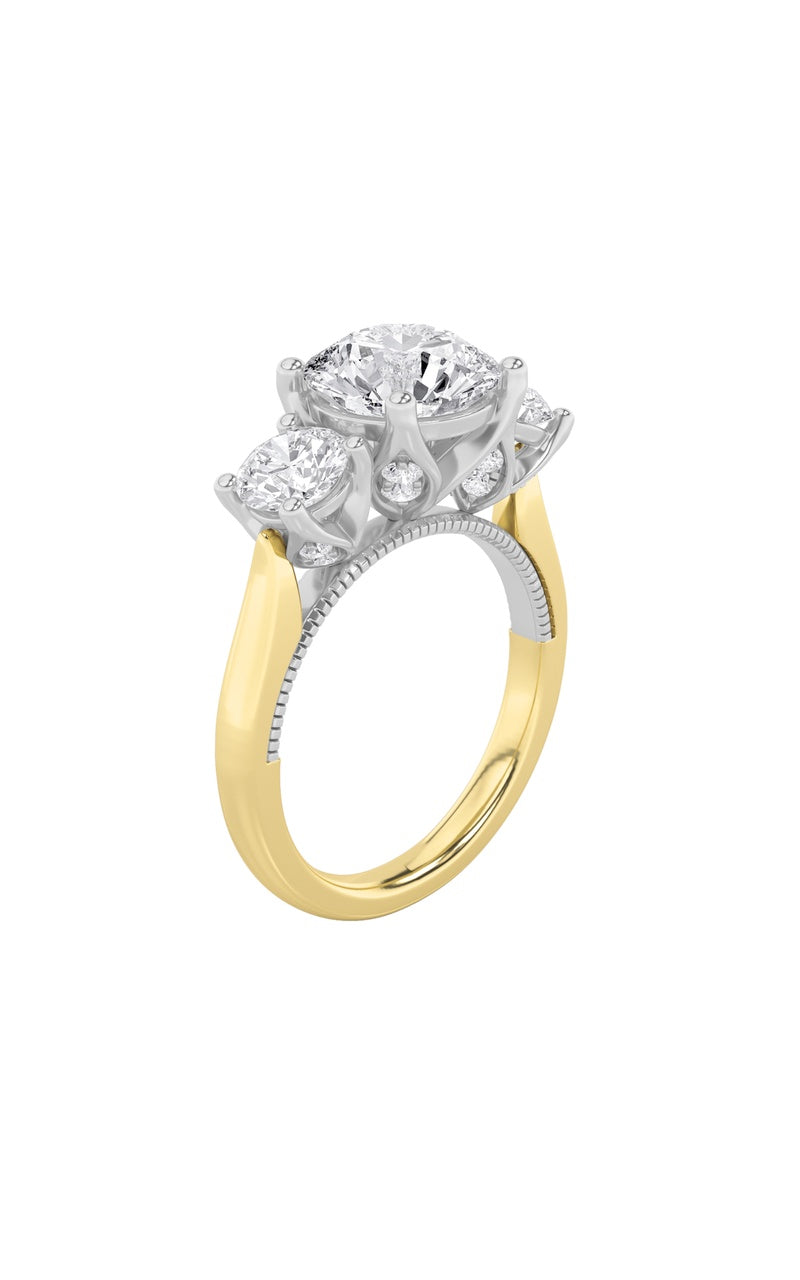 4Cttw Round Shaped Lab Grown Diamond (F/VS) Accented Three Stone Ring in 14K Gold