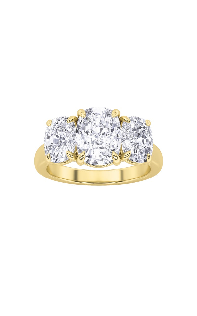 4Cttw Elongated Cushion Shaped Lab Grown Diamond (F/VS) Three Stone Ring in 14K Gold