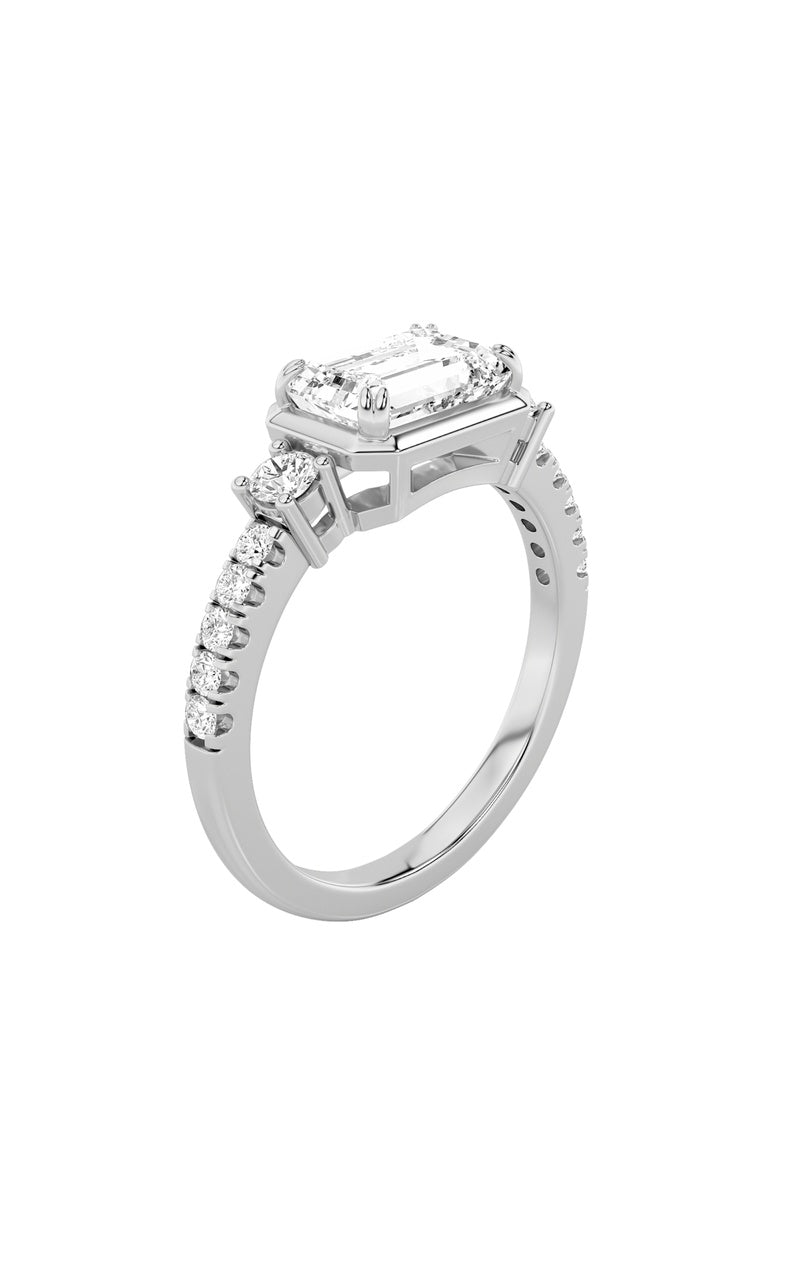 2Cttw Emerald Shaped Lab Grown Diamond (F/VS) East West Accented Three Stone Ring in 14K Gold