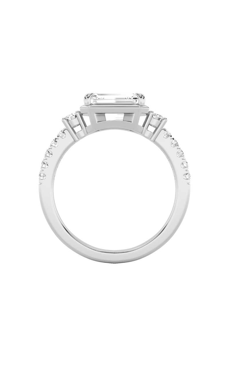 2Cttw Emerald Shaped Lab Grown Diamond (F/VS) East West Accented Three Stone Ring in 14K Gold